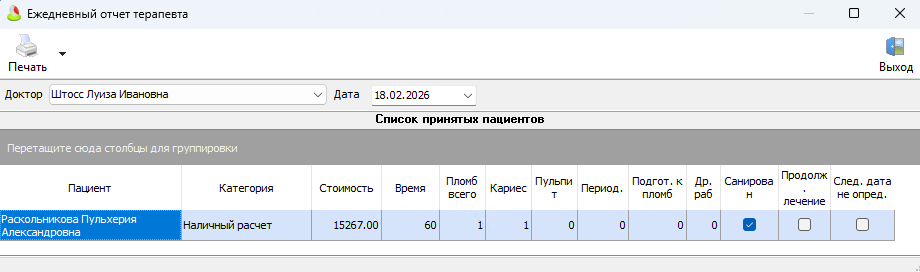 "Ежедневный отчет терапевта". Общий вид.