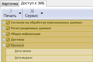 Дополнительная вкладка карточки регистрации.