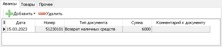 Вкладка "Авансы". Общий вид