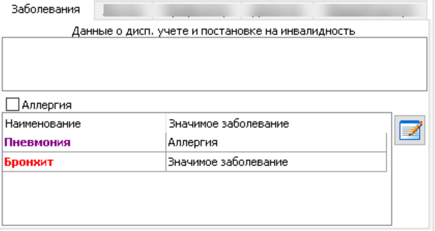 Вкладка "Заболевания". Общий вид.