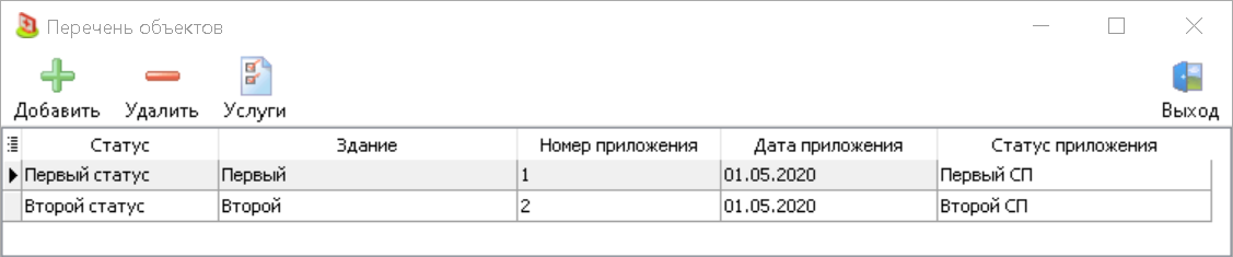 Окно "Перечень объектов". Общий вид.